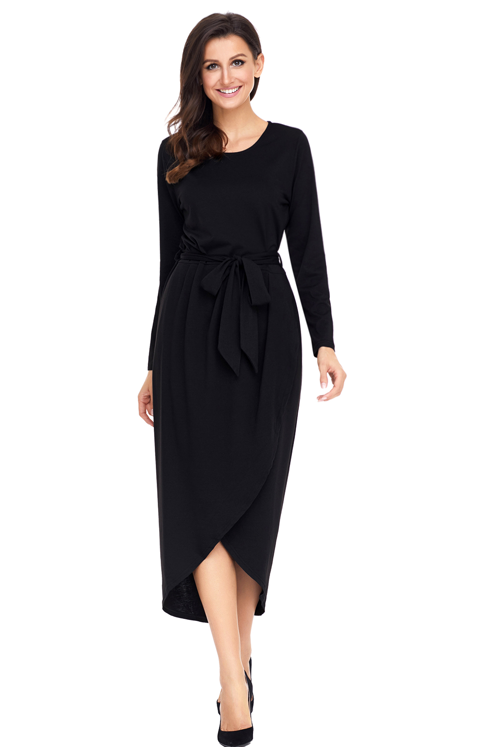 BY61818-2 Black Tulip Faux Wrap Sash Tie Jersey Dress
